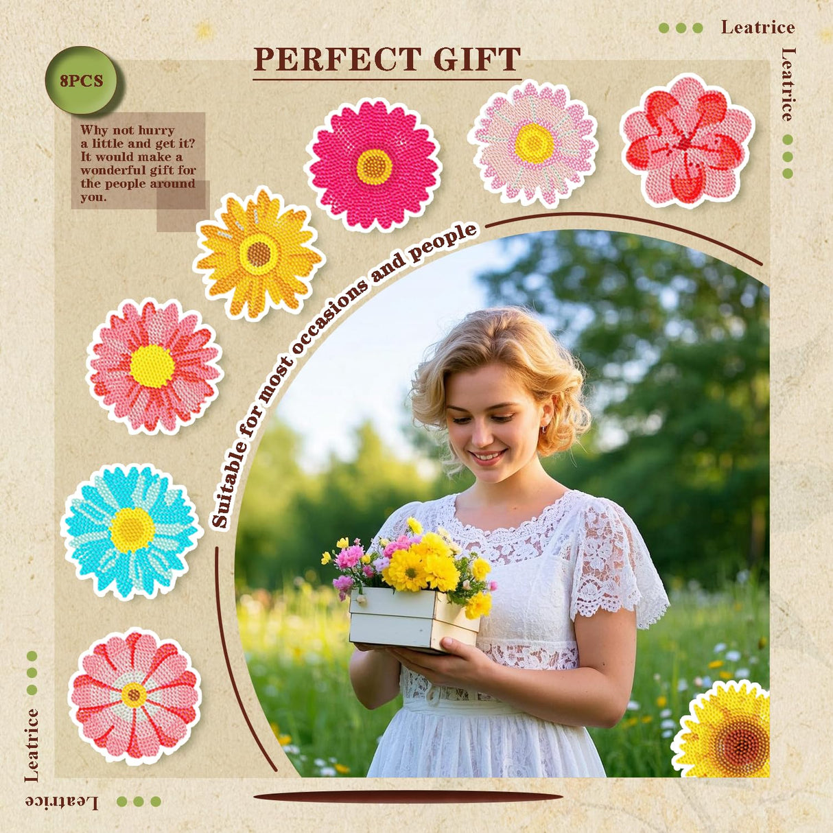 Leatrice 8PCS Flower Diamond Art Coasters Small Diamond Painting Kits for Adults Beginners Women Gem Art Coasters with Holder Funny DIY Crafts for Home Decor Leatrice