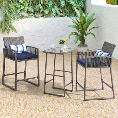SUNSITT 3-Piece Outdoor Wicker Bar Height Table Set, 2 Bar Stools and 1 Pub Table with 2 Striped Pillows, Grey Rattan, Blue Seat Cushions, Steel Frame