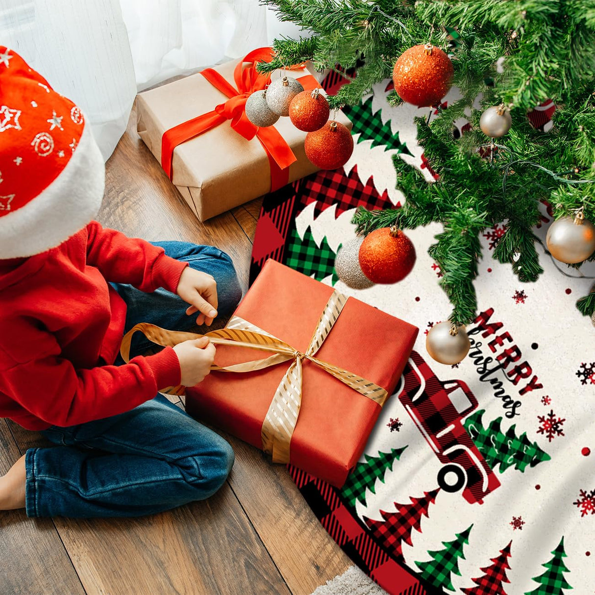 Christmas Tree Skirt Red Buffalo Plaid Xmas Tree Skirts Mat 48 Inches for Indoor Outdoor Christmas Tree Holiday Party Merry Christmas Signs Tree Skirts for Holiday Decorations ssailue decor