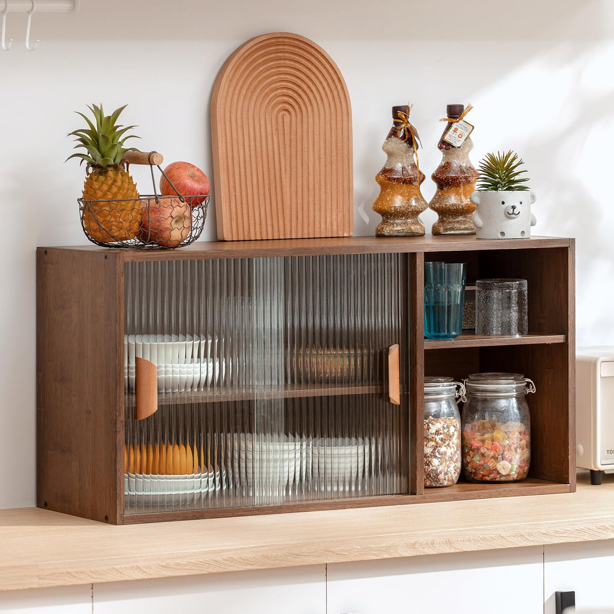 HollyHOME Bamboo Wall Mounted Kitchen Sideboard with 2 Sliding Glass Door, Freestanding Wall Storage Cabinet with Side Shelf for Bottle, Dish, Bowl, Console Dining Cupboard, Walnut HollyHOME