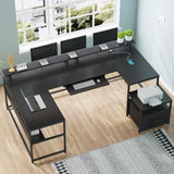 SEDETA U Shaped Desk, Reversible L Shaped Home Office Desk with File Drawer & Power Outlet, 101.5'' Computer Two Person Desk with Monitor Shelf, Keyboard Tray, Gaming Desk, Black SEDETA