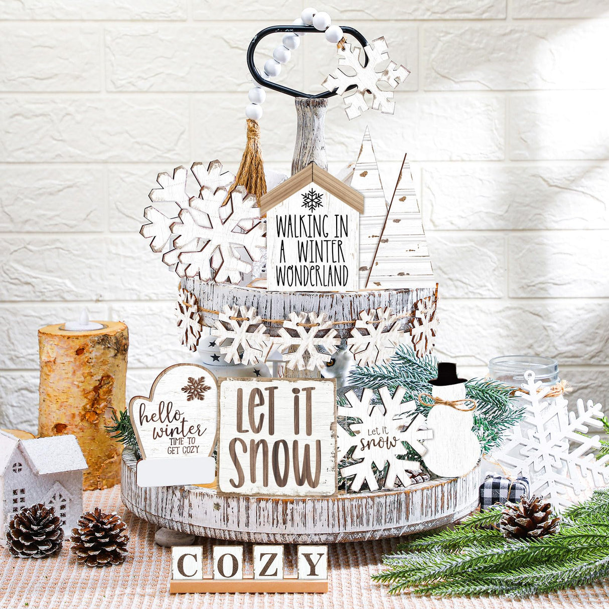 GlikCeil 19 Pcs Neutral Winter Tiered Tray Decor Sets Cozy Snowflakes Wooden Signs Tiered Tray Decor Rustic Farmhouse Decoration for Winter Xmas Home Tabletop(Rustic) GlikCeil