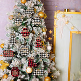 36 Pieces Christmas Buffalo Plaid Hanging Ornaments Christmas Tree Wooden Hanging Decor Wooden Christmas Ornaments Snowflake Reindeer Snowman Plaid Christmas Decor, 12 Styles (Black Red, Black White) BBTO