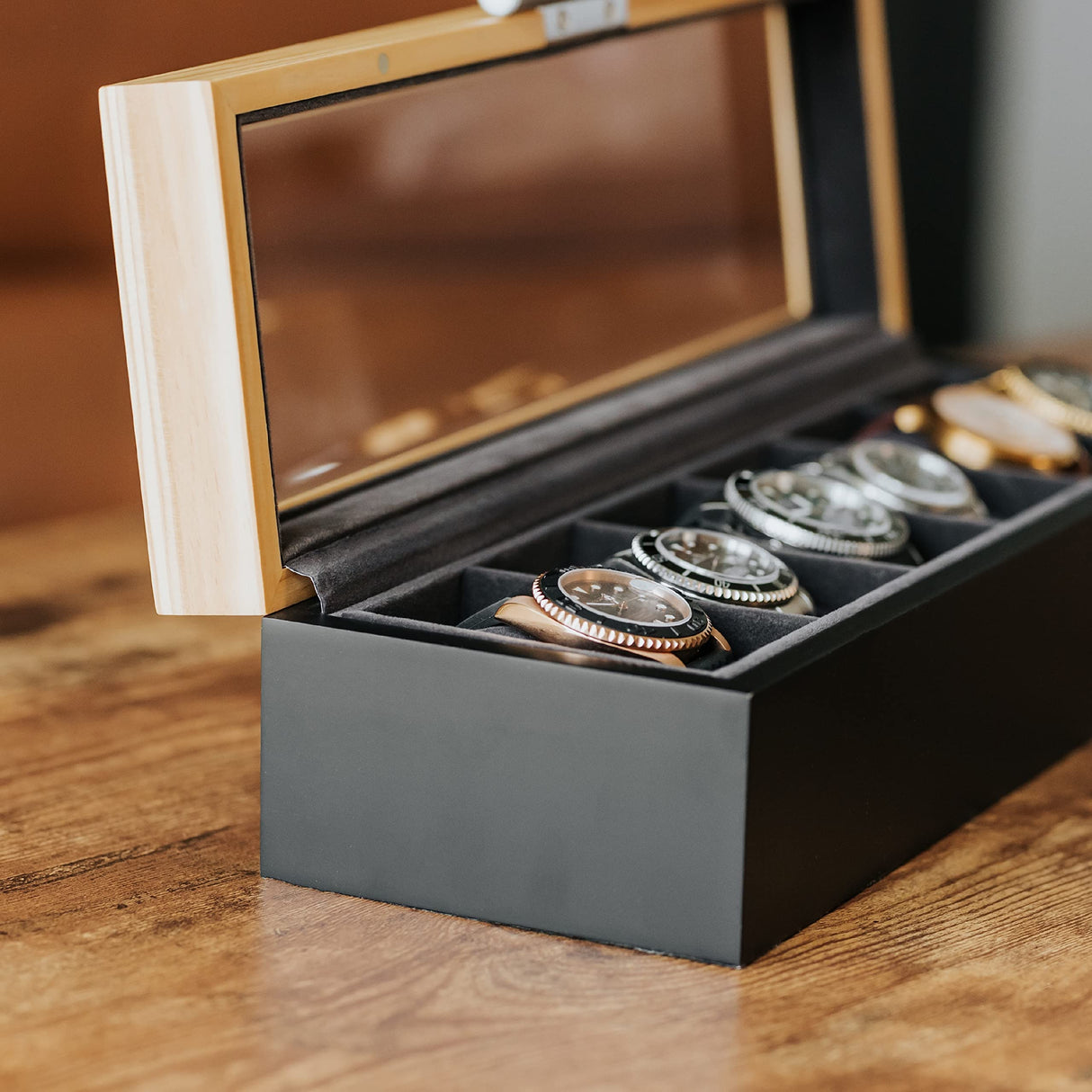 CASE ELEGANCE Two-Toned Pine and Black Base with Modern Aluminum Handle 6-Slot Watch Box with Real Glass CASE ELEGANCE