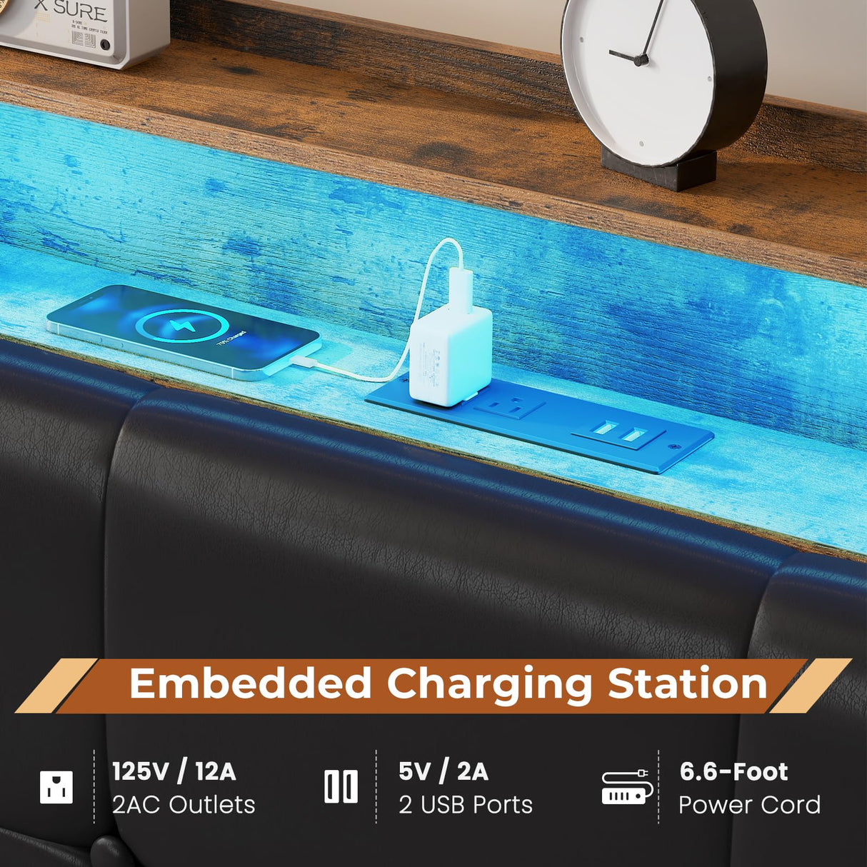 MSmask King Size Bed Frame with LED Lights, Storage Drawers, Charging Station & Wingback Headboard MSmask