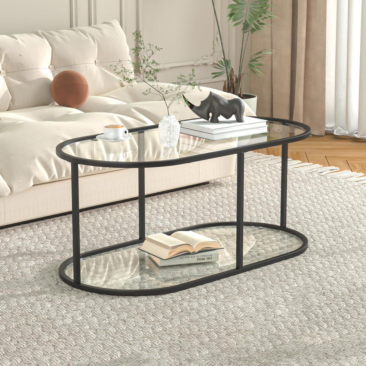 Wolawu Coffee Table Black Glass Coffee Table for Living Room,2 Tiers Oval Center Table with Sturdy Metal Frame,Modern Tempered Glass Accent Table for Bedroom Home Office Wolawu