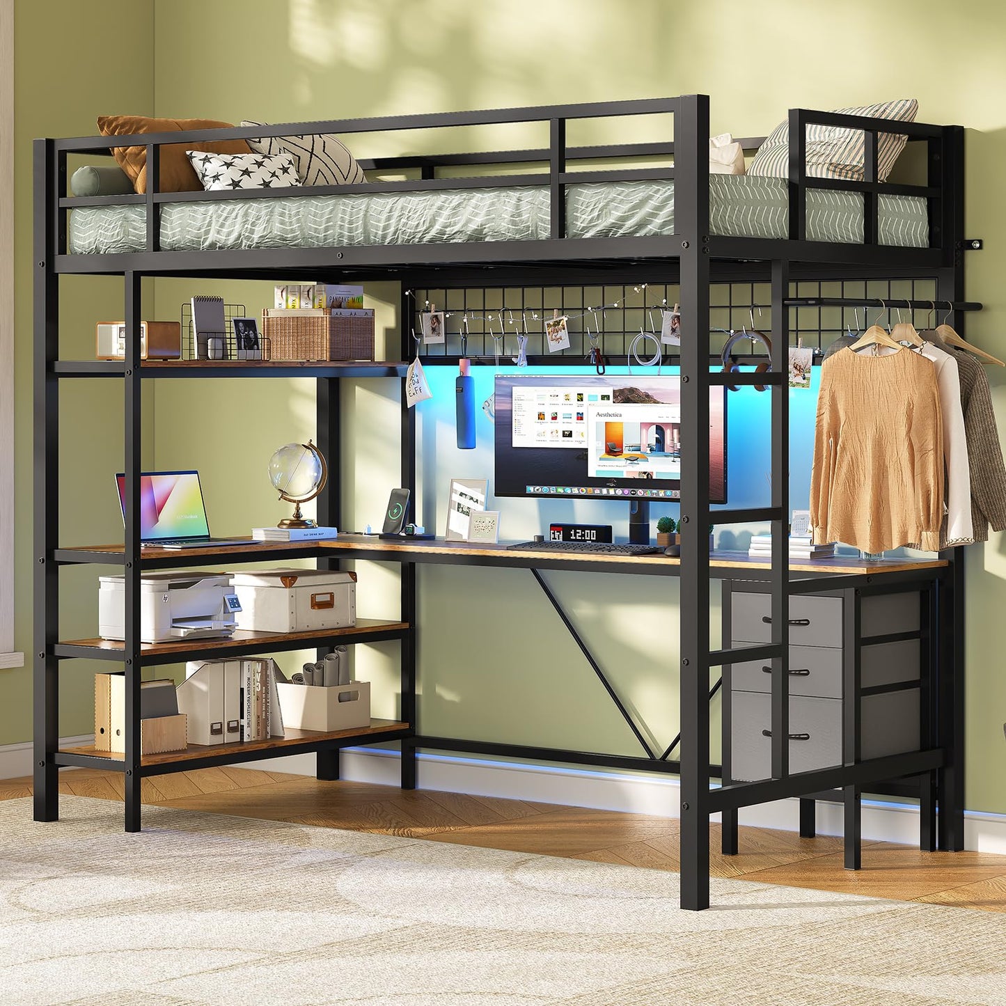 VIAGDO Loft Bed Twin Size with L-Shaped Desk, Charging Station and LED Lights, Twin Loft Bed with 4-Tier Bookshelf and 3 Drawers, Clothes Rail, Safety Guardrail&Ladder, No Box Spring Needed, Black