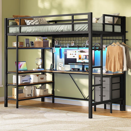 VIAGDO Loft Bed Twin Size with L-Shaped Desk, Charging Station and LED Lights, Twin Loft Bed with 4-Tier Bookshelf and 3 Drawers, Clothes Rail, Safety Guardrail&Ladder, No Box Spring Needed, Black VIAGDO