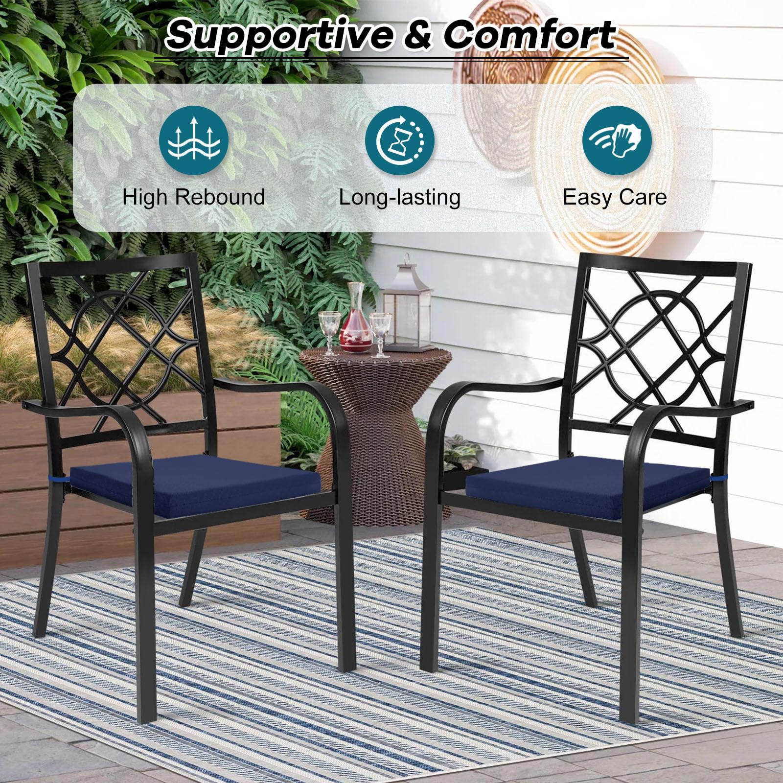 Basic Beyond Outdoor Chair Cushions Set of 2, Waterproof Outdoor Cushions with Ties, Square Corner Patio Furniture Cushions, 18.5"x16"x3", Navy - WoodArtSupply