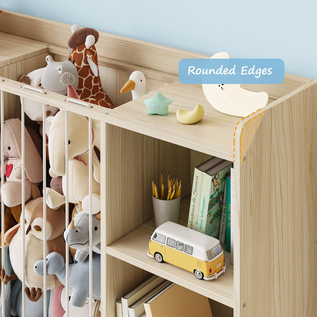 EXPERLAM Toy Storage Organizer with Stuffed Animal Storage, Wooden Toy Organizer & Stuffed Animal Zoo, 6 Cubes Shelf with Removable Drawers, 4 -in-1 Book Shelf for Kids Room, Playroom, Nursery EXPERLAM
