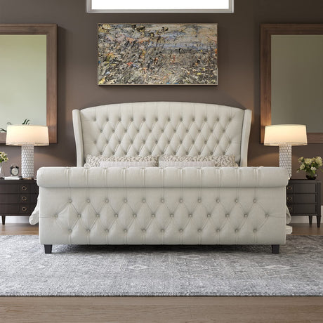 AMERLIFE Queen Size Platform Bed Frame, Chenille Upholstered Sleigh Bed with Scroll Wingback Headboard & Footboard/Button Tufted/No Box Spring Required/Cream AMERLIFE