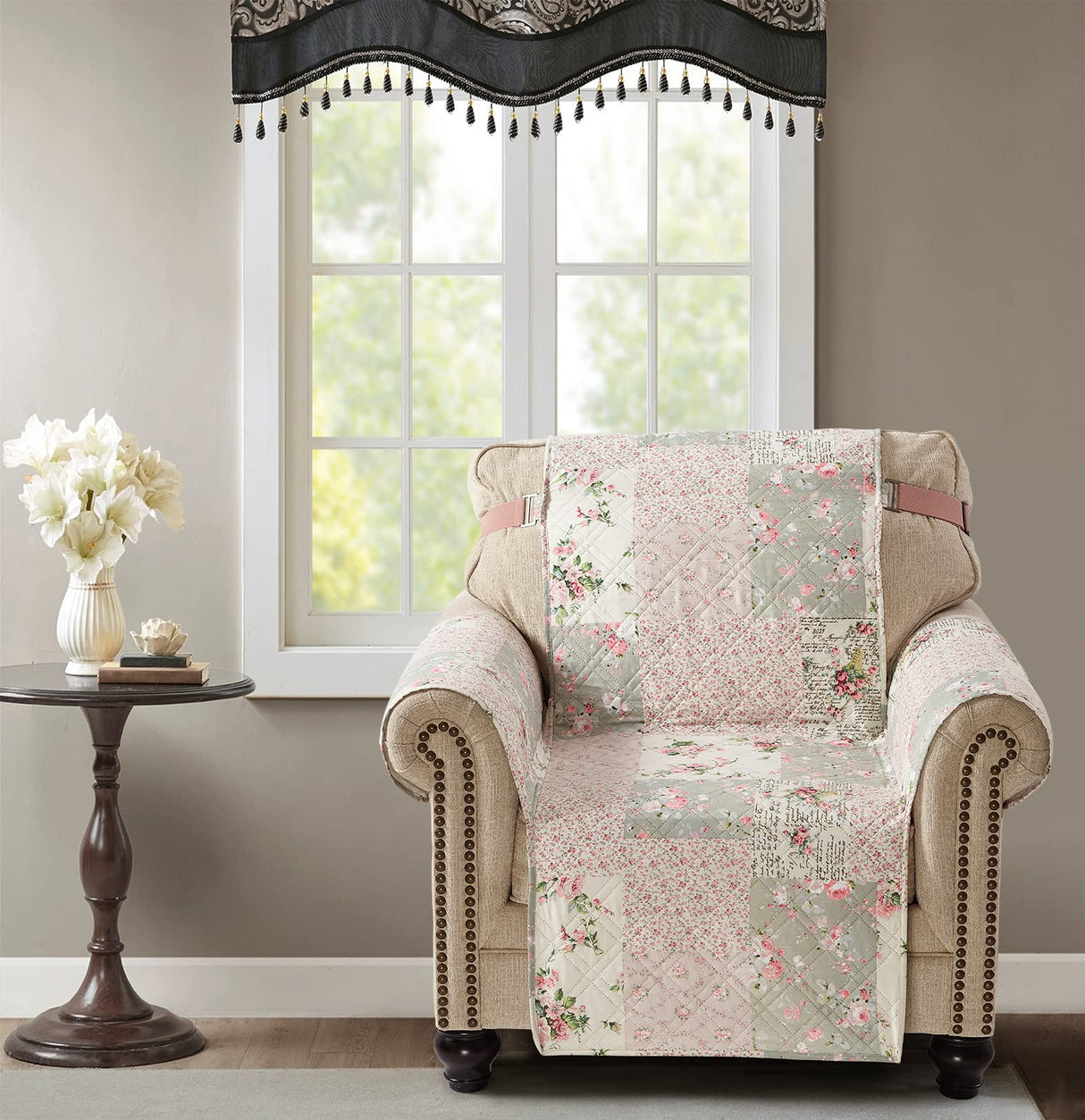 Brilliant Sunshine Traditional Rose and Sage Patchwork Quilted Chair Slipcover, 23" Seat Width, Slip Resistant Furniture Protector, 2" Strap, Washable Armchair Cover for Kids, Dogs, Cats, Rose Sage Brilliant Sunshine