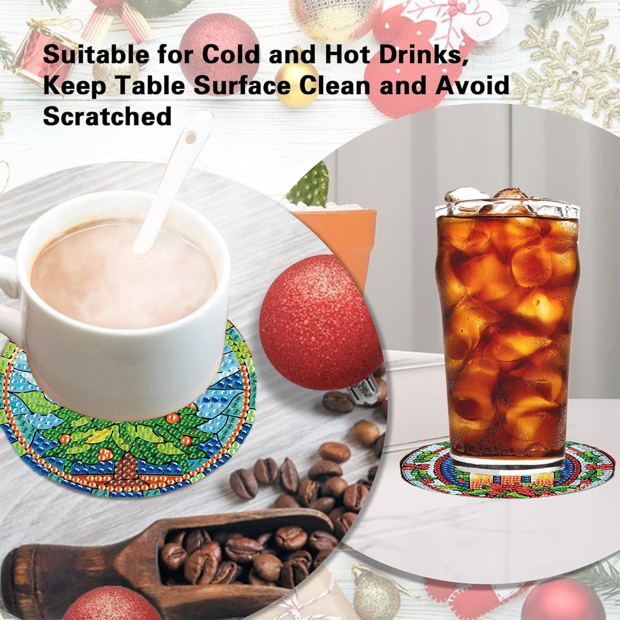 8 Pack Christmas Diamond Art Coasters Kit - Christmas Diamond Painting Coasters Kit Set with Holder Cork Pads, Diamond Art Kits for Adults Coaster, Gift for Handmade Lovers Non-Slip 3.9inch ajepon