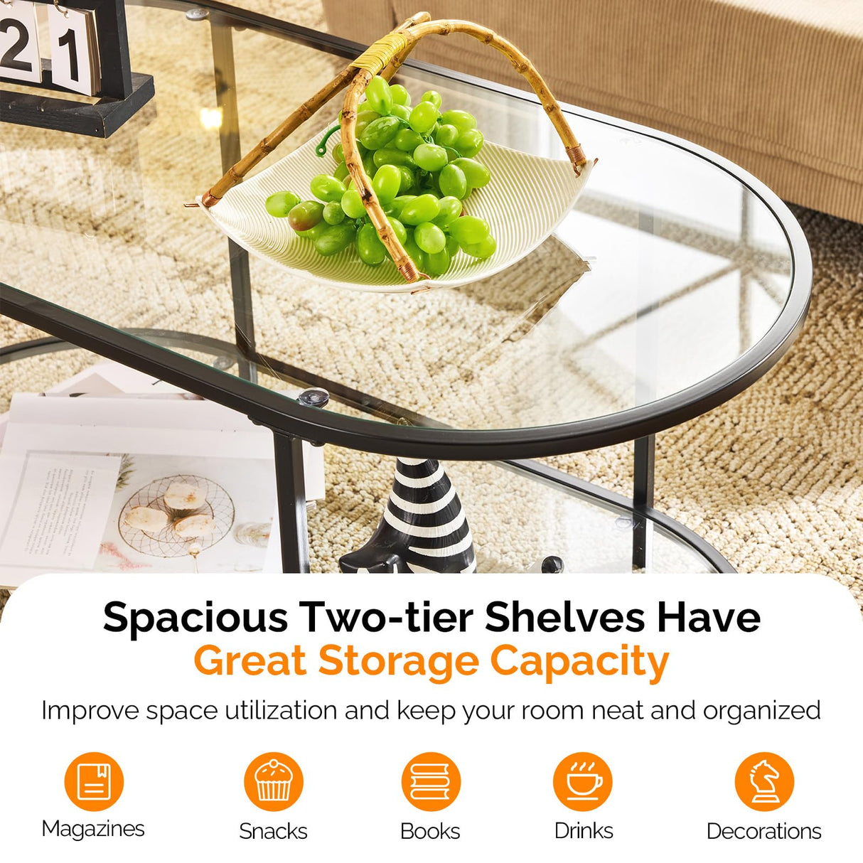 VINGLI Glass Coffee Table, 38" Oval Coffe Table for Home Decor, Modern Tea Table with 2-Tier Storage, Skinny Coffee Tables for Living Room, Office, Small Space, Black VINGLI