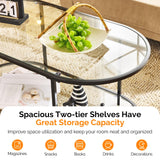 VINGLI Glass Coffee Table, 38" Oval Coffe Table for Home Decor, Modern Tea Table with 2-Tier Storage, Skinny Coffee Tables for Living Room, Office, Small Space, Black VINGLI