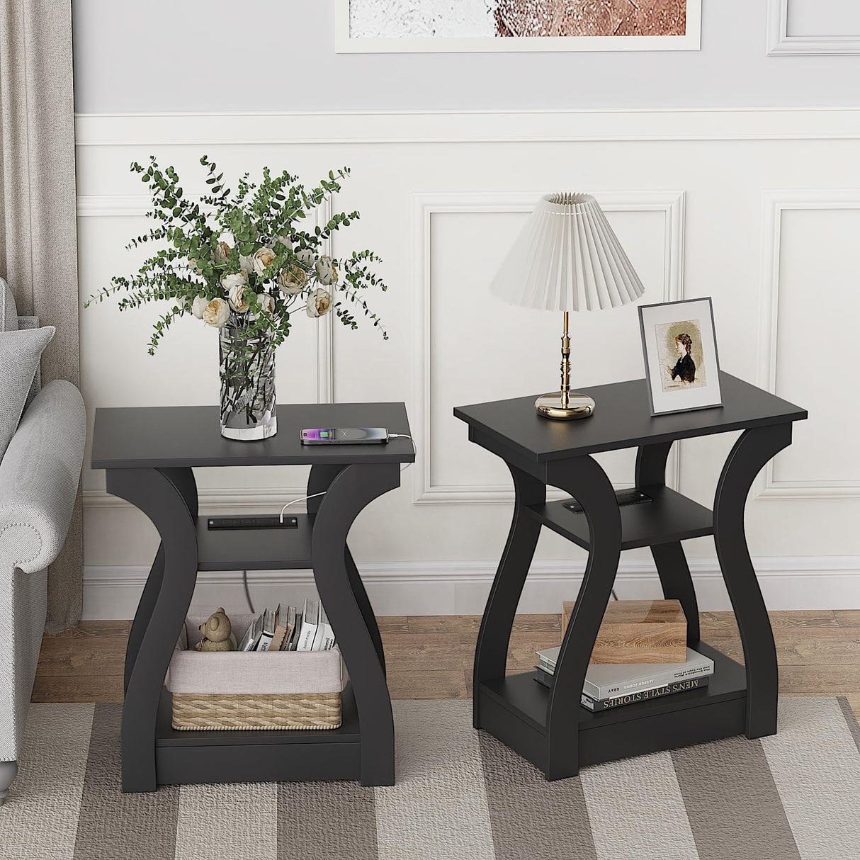 FROMJBEST End Table Set of 2 with Charging Station, Side Table with USB Ports and Outlets, Nightstand, 3 Tier End Table with Storage Shelf for Living Room, Bedroom(Black Set of 2) FROMJBEST