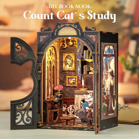 Cutefun Book Nook Kit - DIY Miniature House Kit for Bookshelf Decor, Book Nook Kits for Adults & Beginners, 3D Wooden Puzzle Dollhouse, Ideal Gift for Family and Friends (Count Cat's Study) Cutefun
