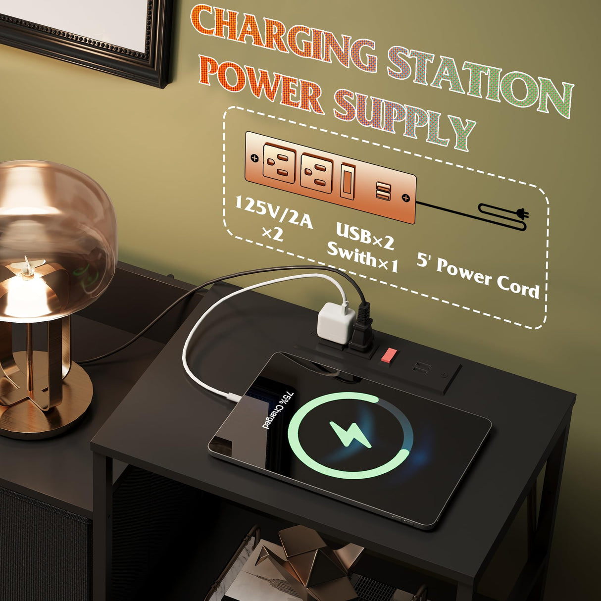 WLIVE Black Dresser TV Stand for Bedroom with Charging Station and Open Shelves, Fabric Dresser with 8 Drawers and Wood Top, Wide Storage Chest of Drawers for Living Room, Hallway WLIVE