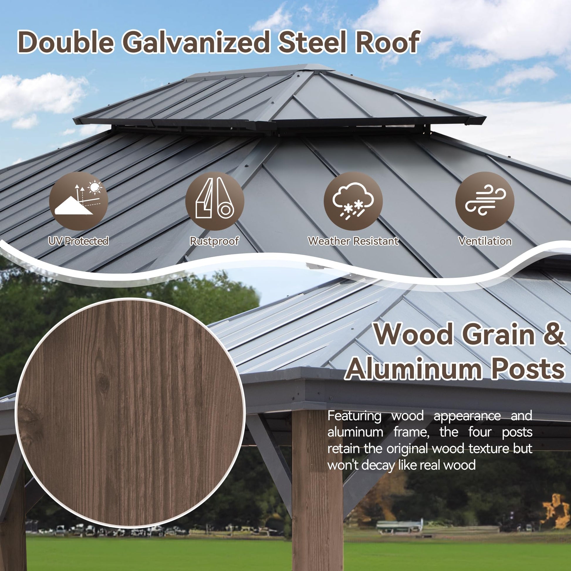 Gardenbee 12x16 ft Wood-Grain Hardtop Gazebo - Outdoor Large Gazebo with Double-Vented Top Rustproof Aluminum Frame, Curtains Included, Suitable for Patio Backyard(Dark Brown Wood Grain) - WoodArtSupply