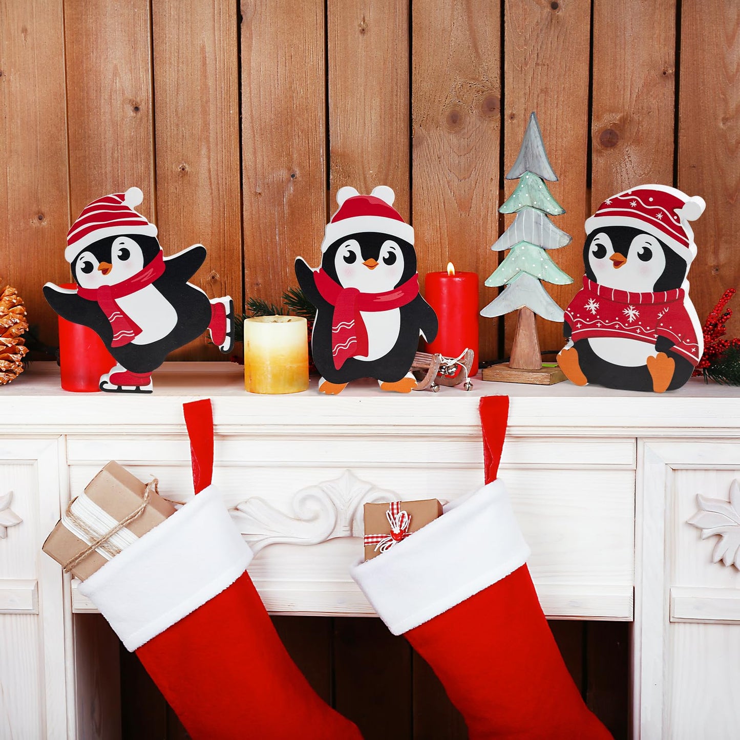 COCHIE Penguin Christmas Decorations Indoor, Cute Penguins Winter Tiered Tray Decor Set of 3, Wooden Penguin Blocks Xmas Table Decoration for Party Home Office Shelf Door (Red)