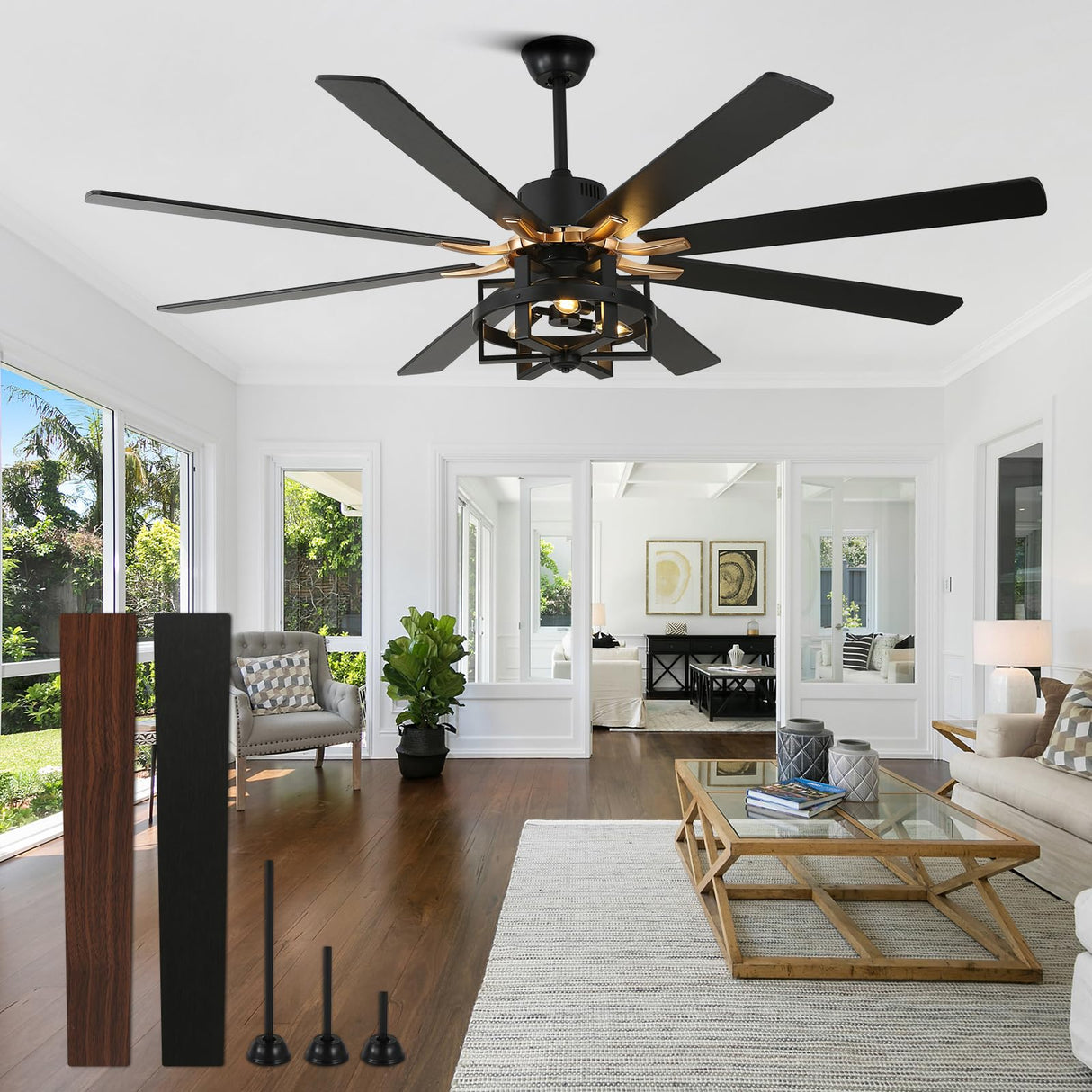 Curve Curio 65'' Black Ceiling Fan with Light, Large Industrial Ceiling Fans with Remote Control, 6-Speed Farmhouse Ceiling Fan with Remote for Bedroom Living Room (Black) Curve Curio