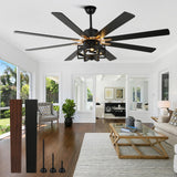 Curve Curio 65'' Black Ceiling Fan with Light, Large Industrial Ceiling Fans with Remote Control, 6-Speed Farmhouse Ceiling Fan with Remote for Bedroom Living Room (Black) Curve Curio