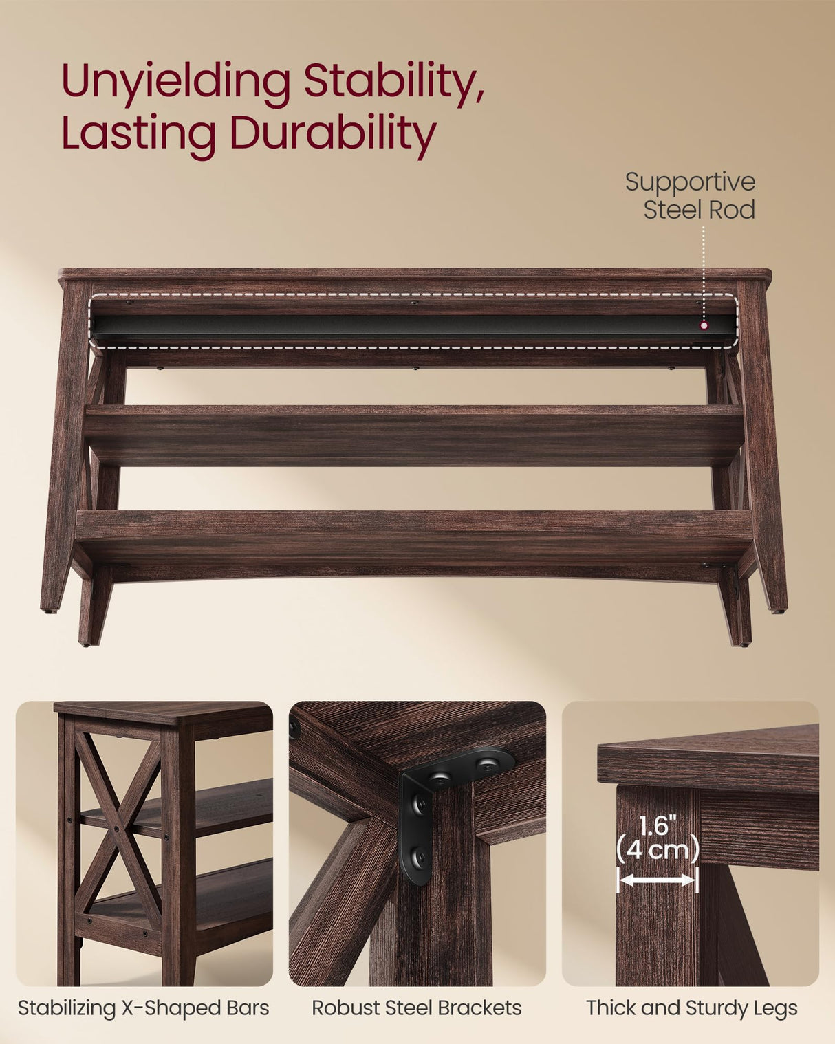 VASAGLE, Entryway Storage Bench, 2-Tier Shoe Rack, 11.8 x 39.4 x 18.9 Inches, Holds up to 600 lb, Farmhouse Style, for Living Room, Bedroom, Maroon Brown ULSB153K51 VASAGLE