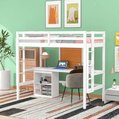 DEYOBED White Twin Loft Bed Frame with Desk, Cabinet, and Writing Board for Kids and Teens - WoodArtSupply