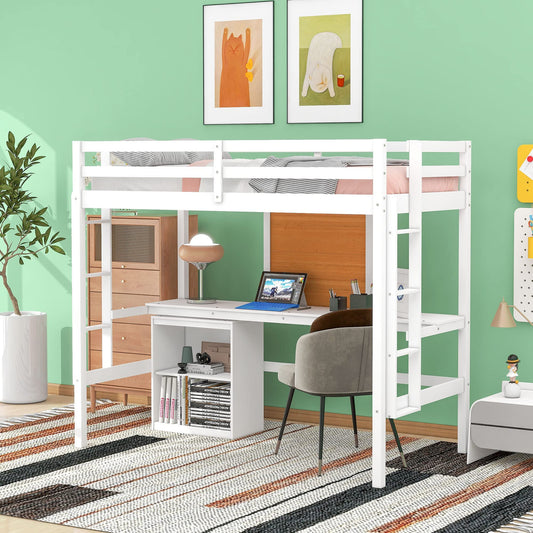 DEYOBED White Twin Loft Bed Frame with Desk, Cabinet, and Writing Board for Kids and Teens - WoodArtSupply