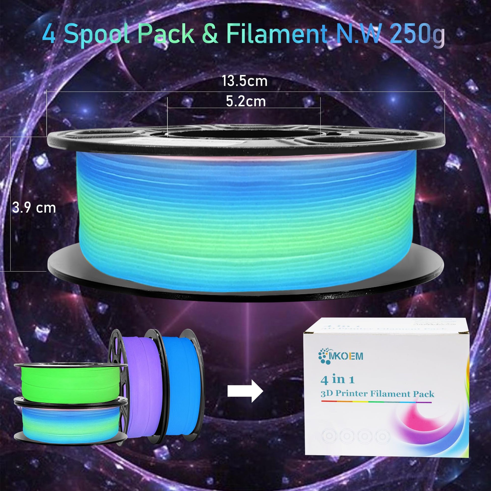 MKOEM Glow in Dark PLA 3D Filament Bundle, 4 Popular Dark Luminous Colors: Glowing in Dark Green/Purple/Blue/Fast Color Change Rainbow, Each Spool 0.25kg, 4 Spools, Total 1.75mm 1KG Glow in D - WoodArtSupply