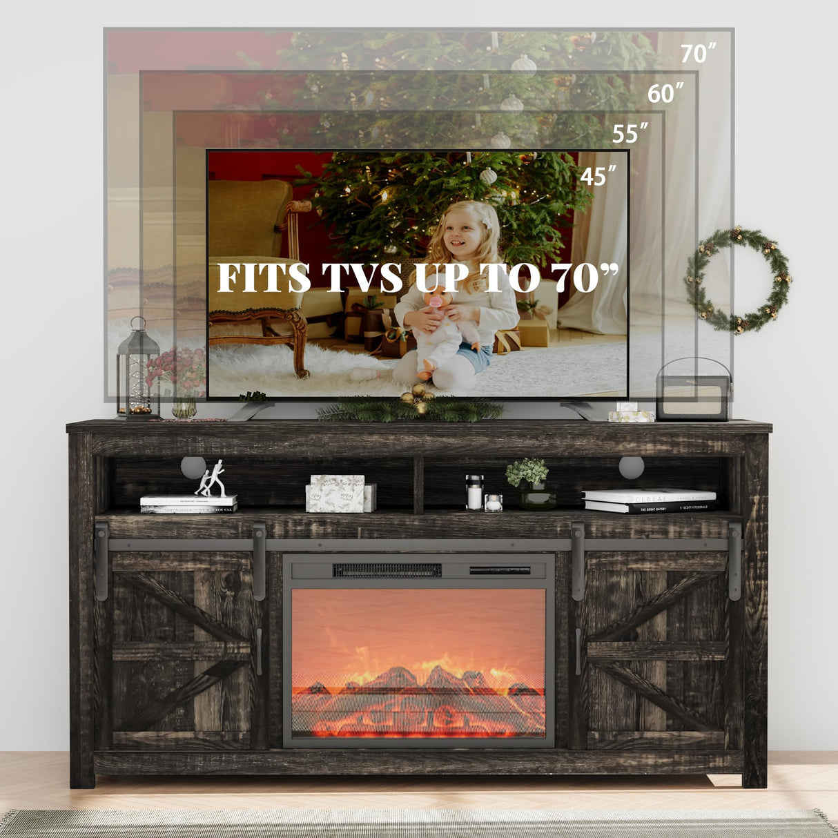 TIMWNER Fireplace TV Stand for TVs Up to 70", Entertainment Center with Fireplace Includes 12 Color Light Options, Black TV Stands for Living Room, Bedroom, 58 inch TV Stand TIMWNER