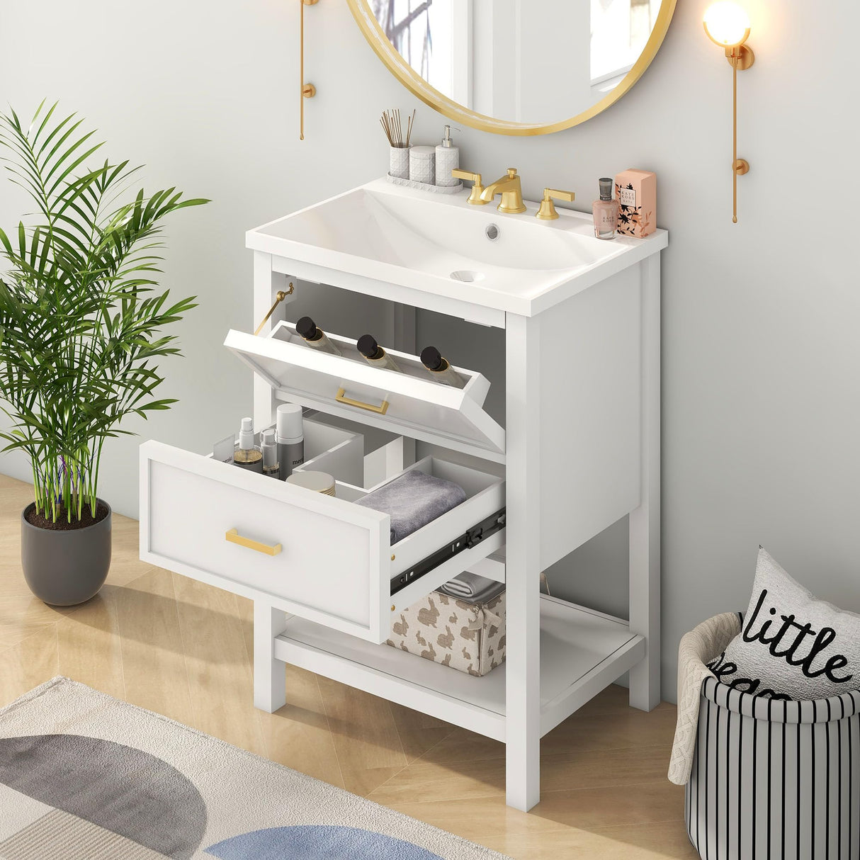 Virubi 24" Bathroom Vanities with Single Sink Combo, Modern Undermount Bathroom Sink Cabinet with Double Drawers and Open Self, Freestanding Bathroom Sink Cabinet (White) Virubi