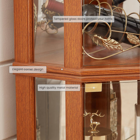 CKEASEAN Corner Curio Cabinet, 70" H Lighted Glass Display Cage with Tempered Glass Doors and 5 Adjustable Shelves, Light Bulb Inclued, Wine Bar China Cabinet for Living Room (Dark Oak) CKEASEAN