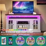 YITAHOME LED Farmhouse TV Stand for 65 Inch w/Outlets, Modern Entertainment Center with Glass Doors and Adjustable Storage Shelves, Media Console TV Cabinet for for Living Room, White/Black YITAHOME