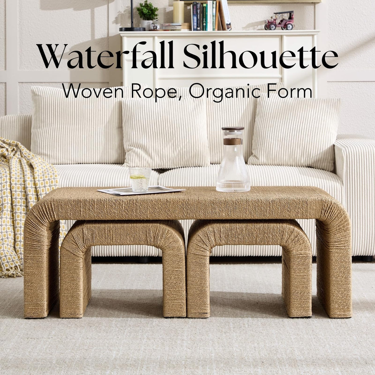 DM Furniture 3-Piece Nesting Woven Rope Coffee Table Set, 47" Modern Farmhouse Waterfall Wood Center Table with 2 Stools Underneath, Boho Coastal Living Room Accent Side End Table, Brown DM Furniture