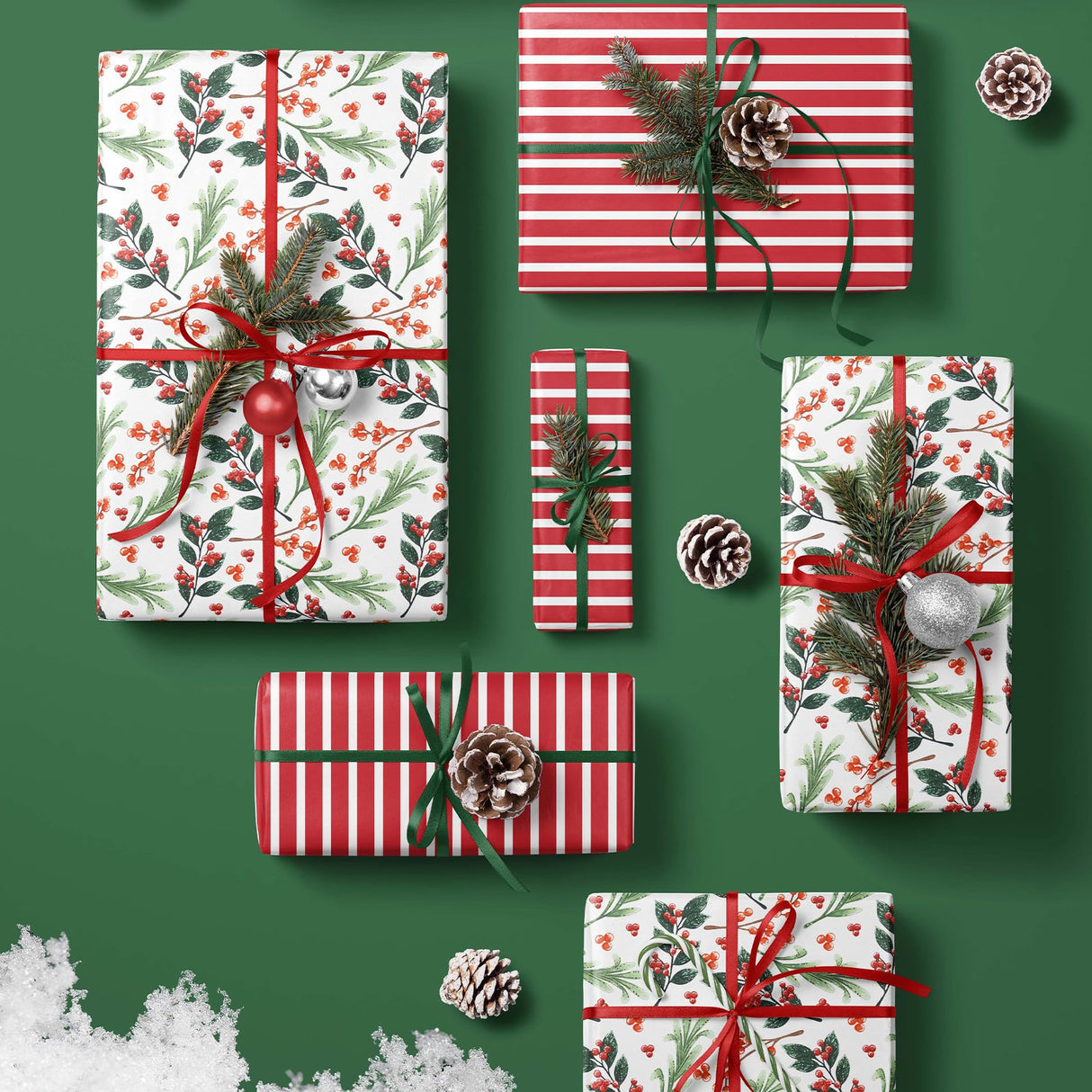 LaRibbons Reversible Christmas Wrapping Paper Roll, Vintage Red Berries & Red Stripe Gift Wrap for Christmas, Season Party, Xmas, 17 Inch x 33 Feet LaRibbons