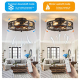 MeZeYo 20" Caged Farmhouse Flush Mount Ceiling Fan with Light and Remote Control Bladeless Low Profile Ceiling Fans with Lights Enclosed Vintage Fan 6 Speed Reversible for Kitchen, Bedroom MeZeYo