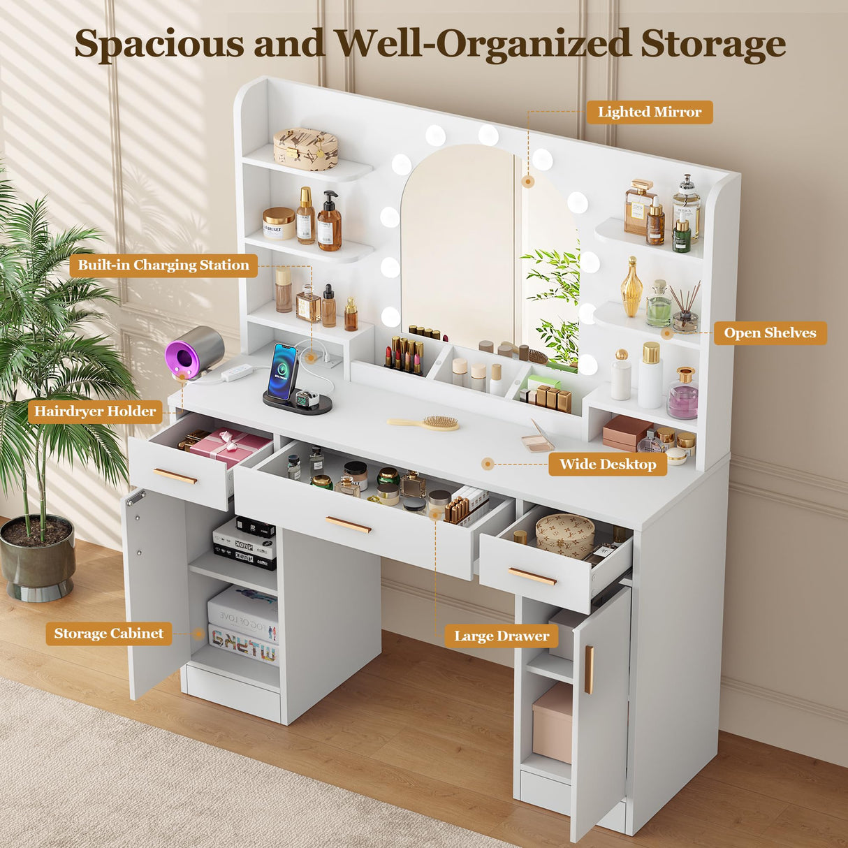 Vanity Desk with Mirror and 11 LED Lights, 43'' Makeup Vanity Table with Power Outlet & Chair, Dressing Table with 3 Drawers, 2 Cabinets and 6 Open Shelfs for Bedroom, White Decofy