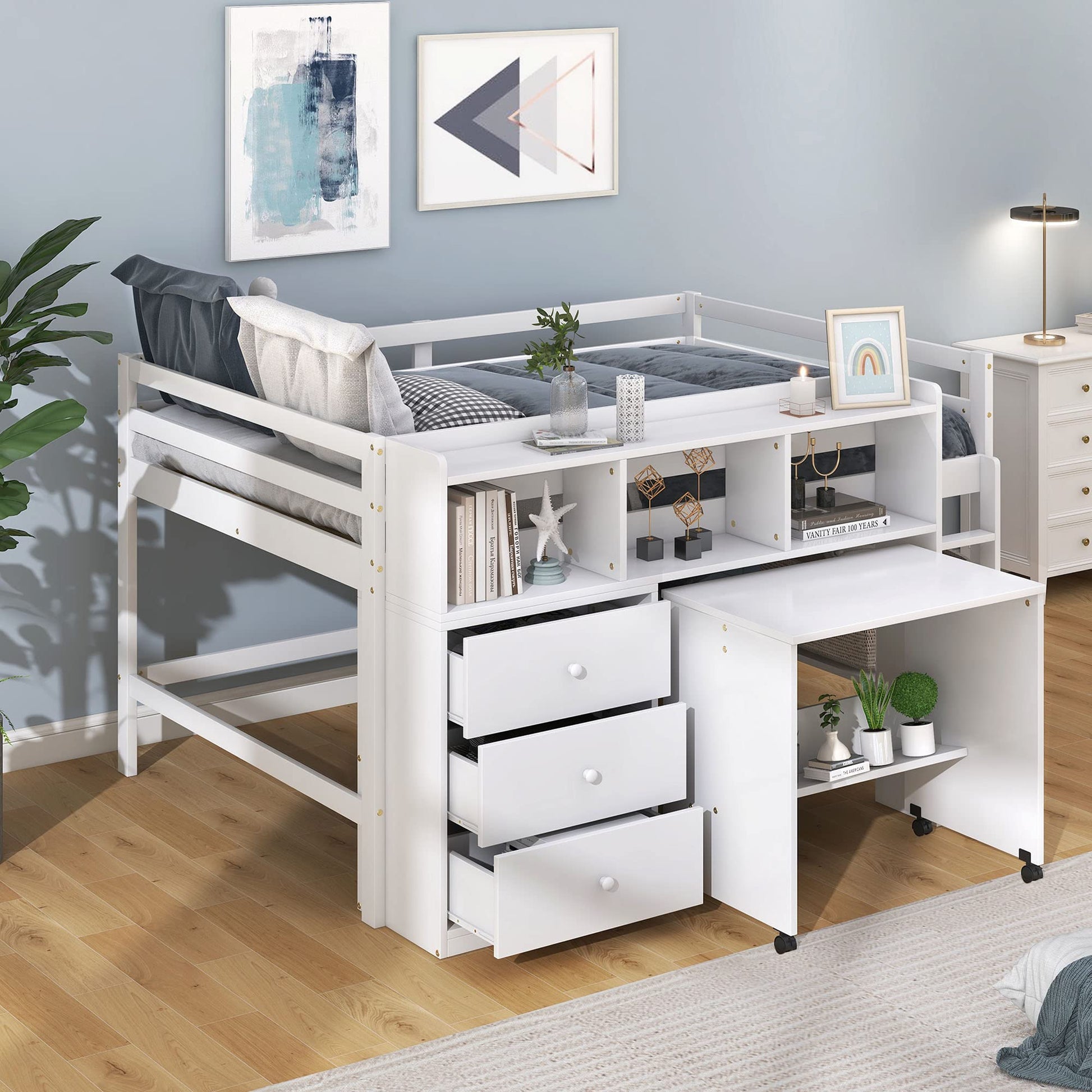 BOVZA Full Size Low Loft Bed with Portable Desk, Drawers, and Shelves in White - WoodArtSupply