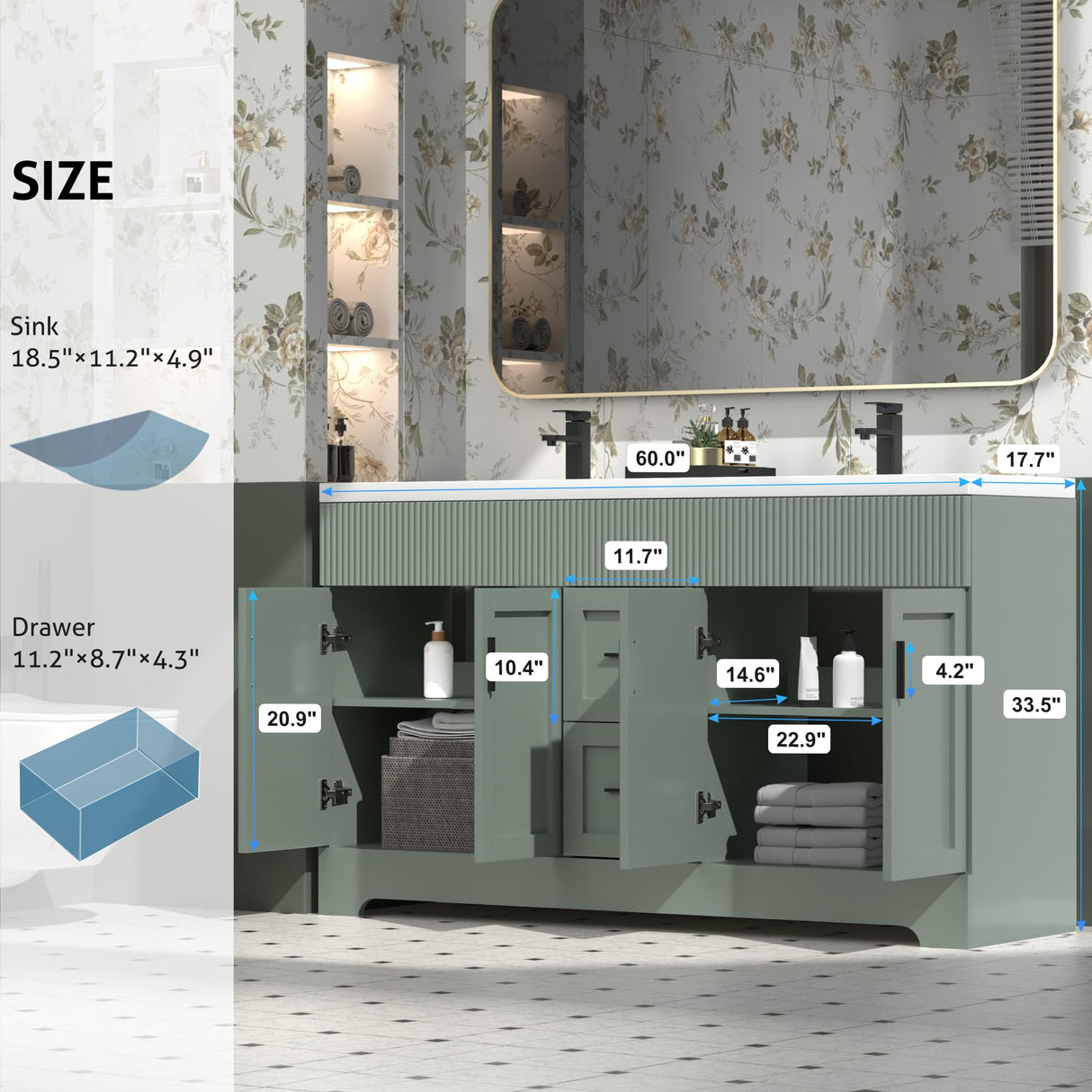 eclife 60" Bathroom Vanities Sink Combo with Painted Surface, Modern Drawered Cabinet W/Decorative Wave Lines, Undermount Double Sink, Matte Black Faucet Drain, Green eclife