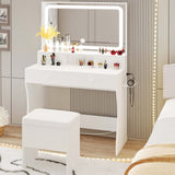LIKIMIO Vanity Desk with LED Lighted Mirror & Power Outlet & 4 Drawers, Makeup Table Set with Storage Stool and Hair Dryer Stand, White LIKIMIO