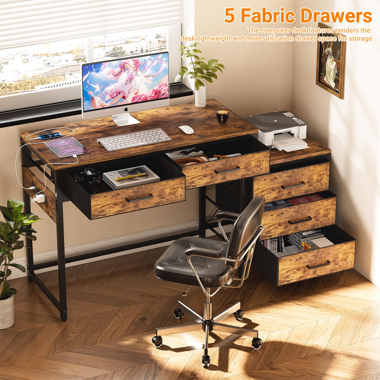 Unikito Computer Desk with 5 Drawers, Reversible Home Office Desk with Power Outlets, Sturdy Writing Desk with File Cabinet and Printer Stand, Vanity Desk with Storage for Small Space, Rustic Brown Unikito