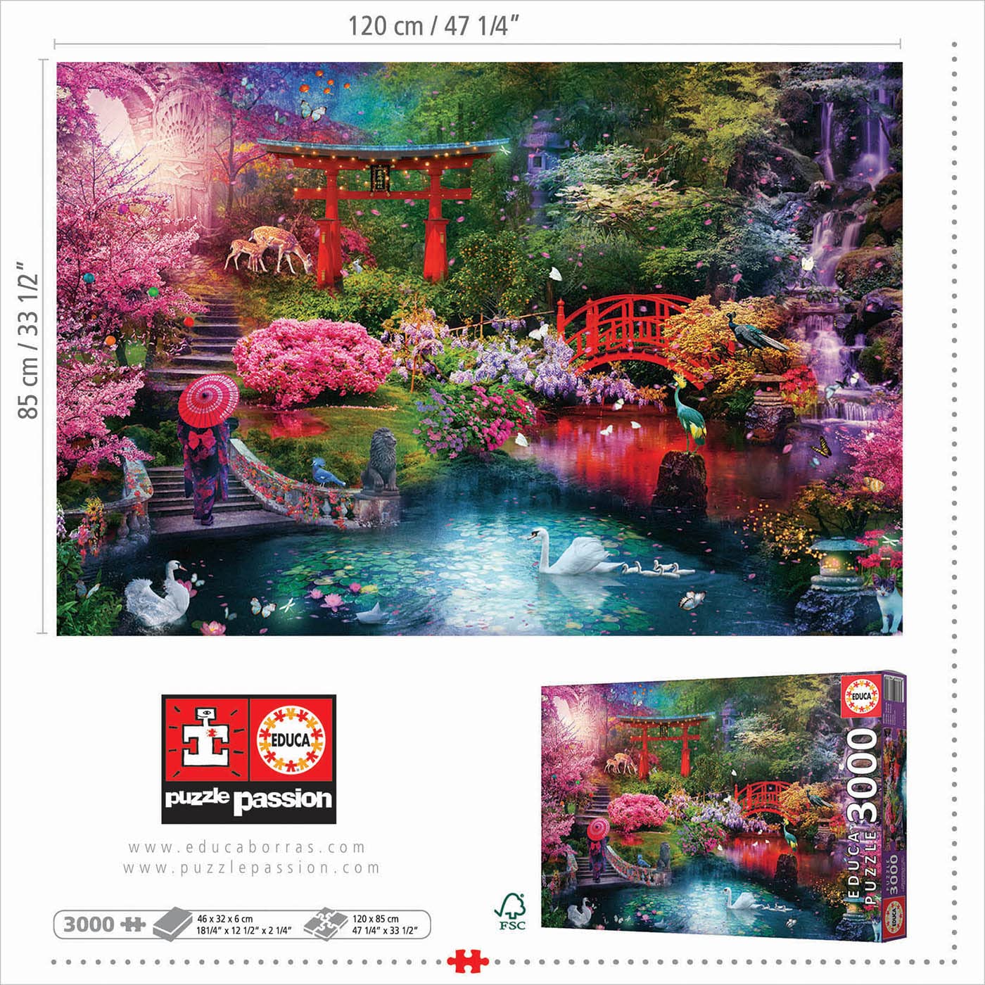 Educa - Japanese Garden - 3000 Piece Jigsaw Puzzle - Puzzle Glue Included - Completed Image Measures 47.25" x 33.5" - Ages 14+ (19282)