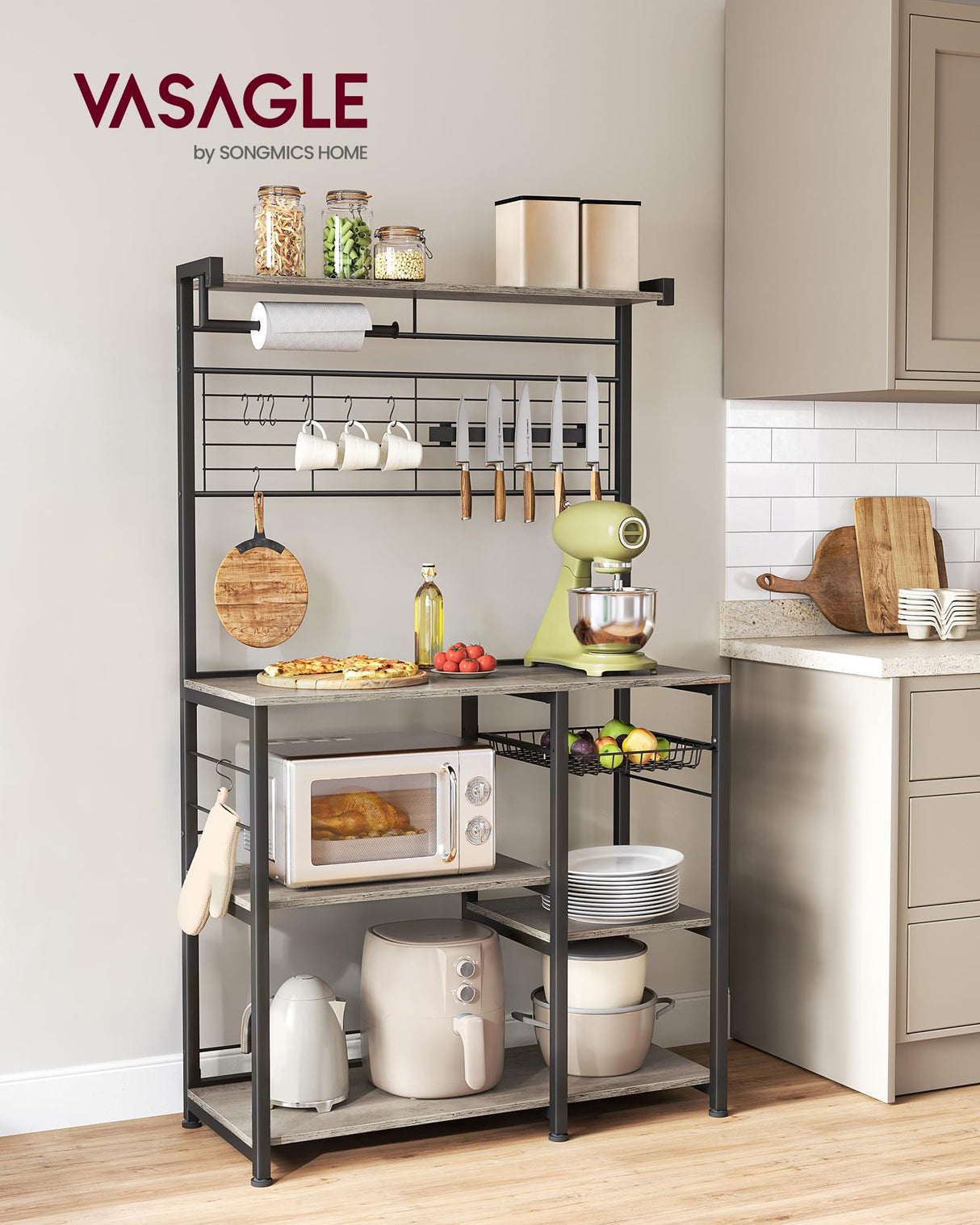 VASAGLE Greige and Black Bakers Rack with Magnetic Knife Holder, Paper Towel Holder, Wire Basket, and 8 Hooks for Organised Kitchen Storage VASAGLE