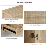 OTUTUMUS Rattan Wine Bar Cabinet, Boho Rattan Home Wine Bar Cabinet with Glass Holder and Drawer Style Wine Racks, Oak Sideboard Buffet Storage Cabinet for Living Dining Room Kitchen OTUTUMUS