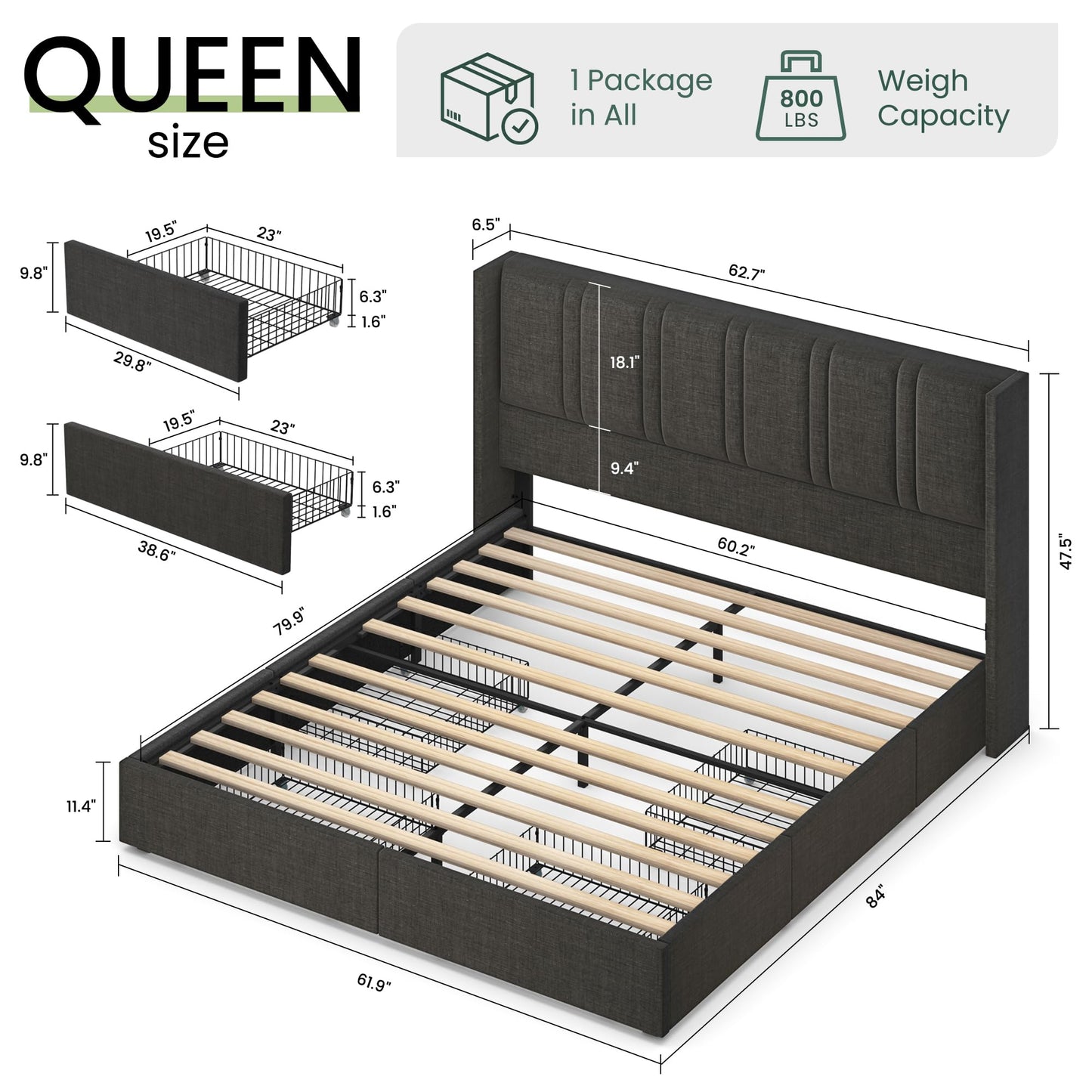 LARMACE Dark Gray Queen Size Bed Frame with 4 Storage Drawers and Elegant Tufted Headboard - WoodArtSupply