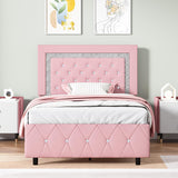 Twin Bed Frame with Headboard, Faux Leather Upholstered Bed with Diamond Tufted Design, Princess Twin Bed Frames for Kids, No Box Spring Required, Easy Assembly, Pink BarnFurin