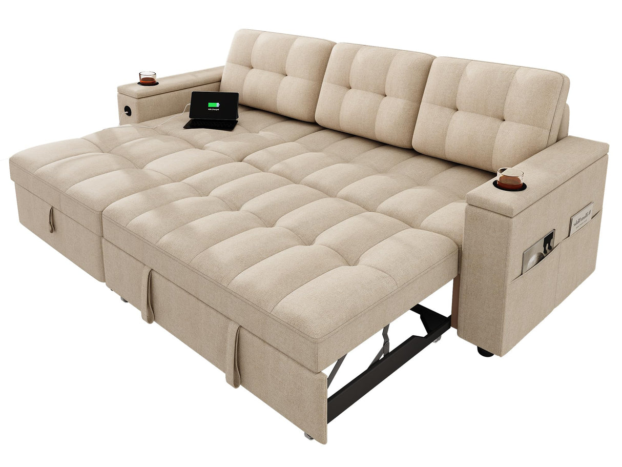 YITAHOME Sleeper Sofa, L-Shaped Sofa Couch w/Chaise & USB, 4-seat Fabric Convertible Couch Bed w/Pull Out Bed & Storage, Reversible Sectional Sofa for Living Room, Beige YITAHOME