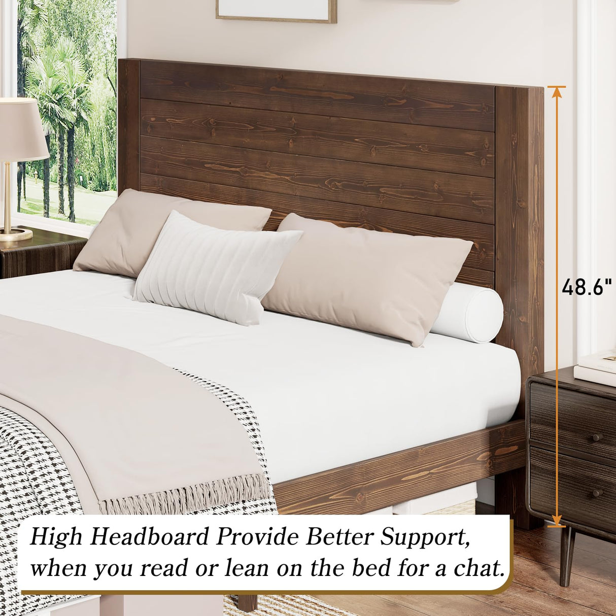 LUXOAK Solid Wood Bed Frame with High Headboard, Full Size Platform Bed Frame with Wood Slats/No Box Spring Needed/Noise-Free, Brown Black LUXOAK