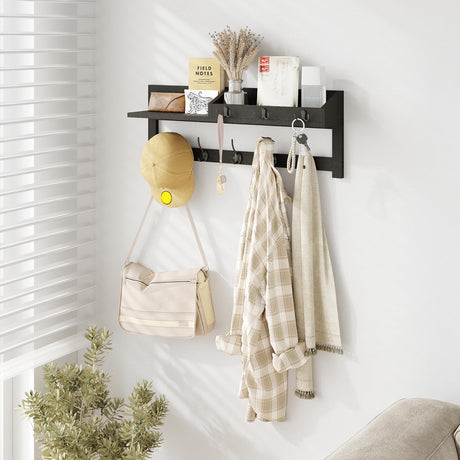 AMBIRD Wall Hooks with Shelf 26.57inch Entryway Wall Hanging Shelf Wood Coat Hooks for Wall Coat Rack Wall Mount Rack with 5 Dual Hooks 3 Key Hooks Mail Organizer and Key Rack Key Holder (Black) AMBIRD